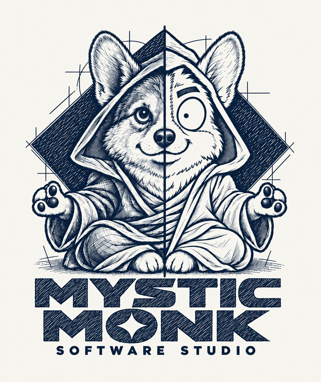 Mystic Monk Software Studio: a corgi monk with a center-split pen sketch and cartoon face, seated in a calm pose above the sketched wordmark.